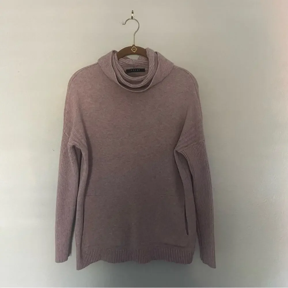 Lavender Purple Cowl Neck Sweater with Kangaroo Pockets